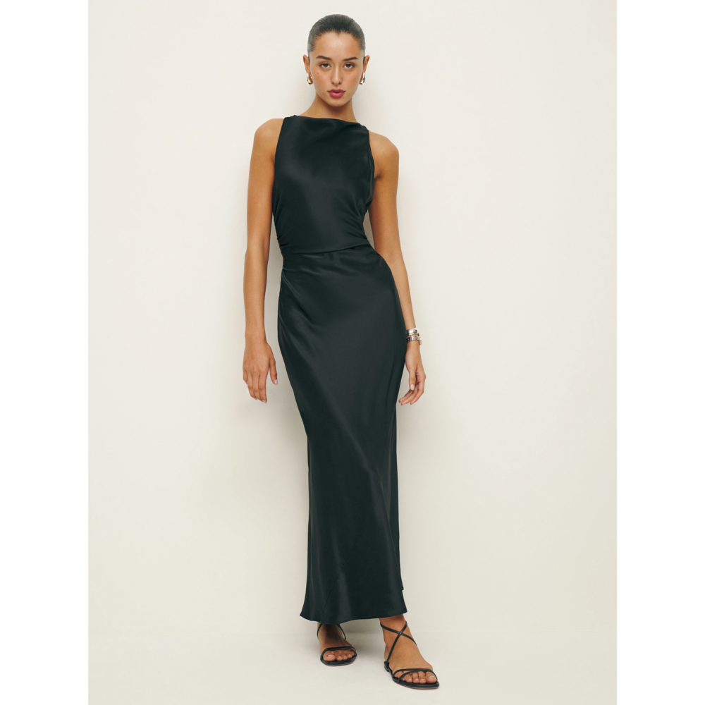 Reformation Casette Silk Dress in Black